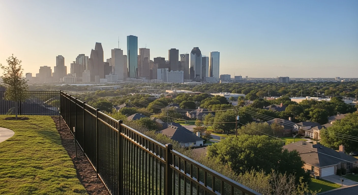 Panoramic view of Houston skyline with downtown towers, surrounding neighborhoods, and clear Texas sky.