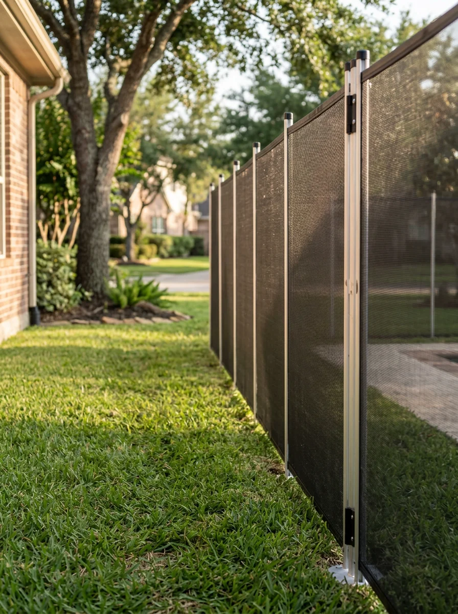 Removable mesh pool safety fence on grass in League City neighborhood, showing transparent barrier design and secure aluminum posts