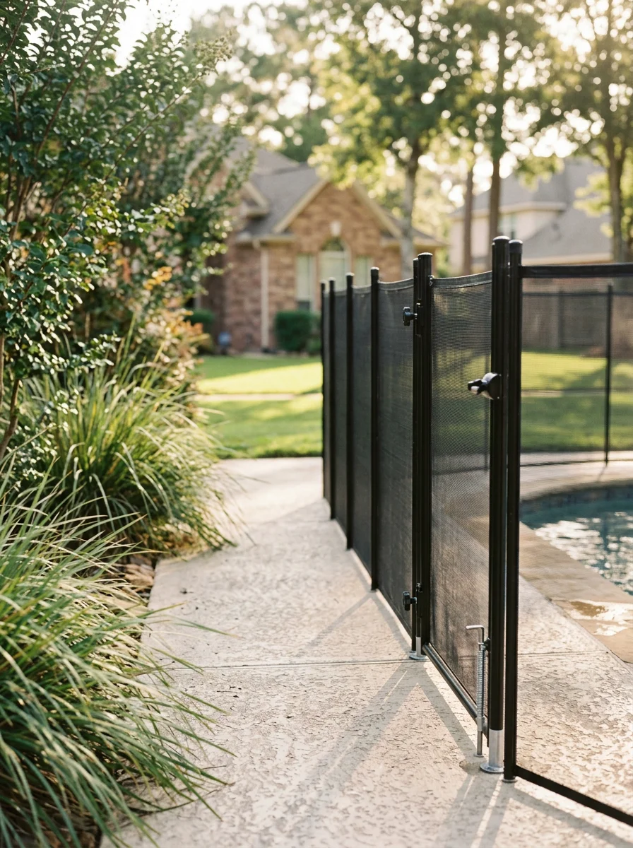 Removable mesh pool fence on concrete deck in Spring residential community