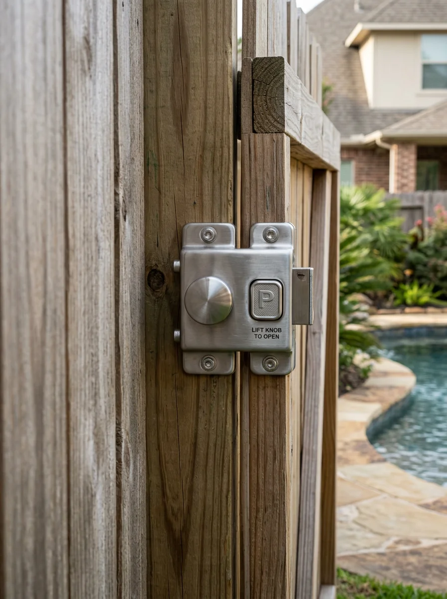 Self-closing pool gate with magnetic latch on residential pool fence in Spring neighborhood