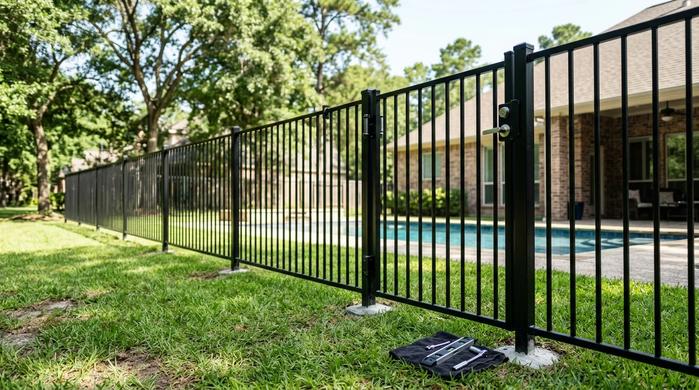 A removable mesh pool fence installed around a backyard swimming pool at a residential property in The Woodlands, Texas, with a self-latching gate visible and green landscaping in the background.